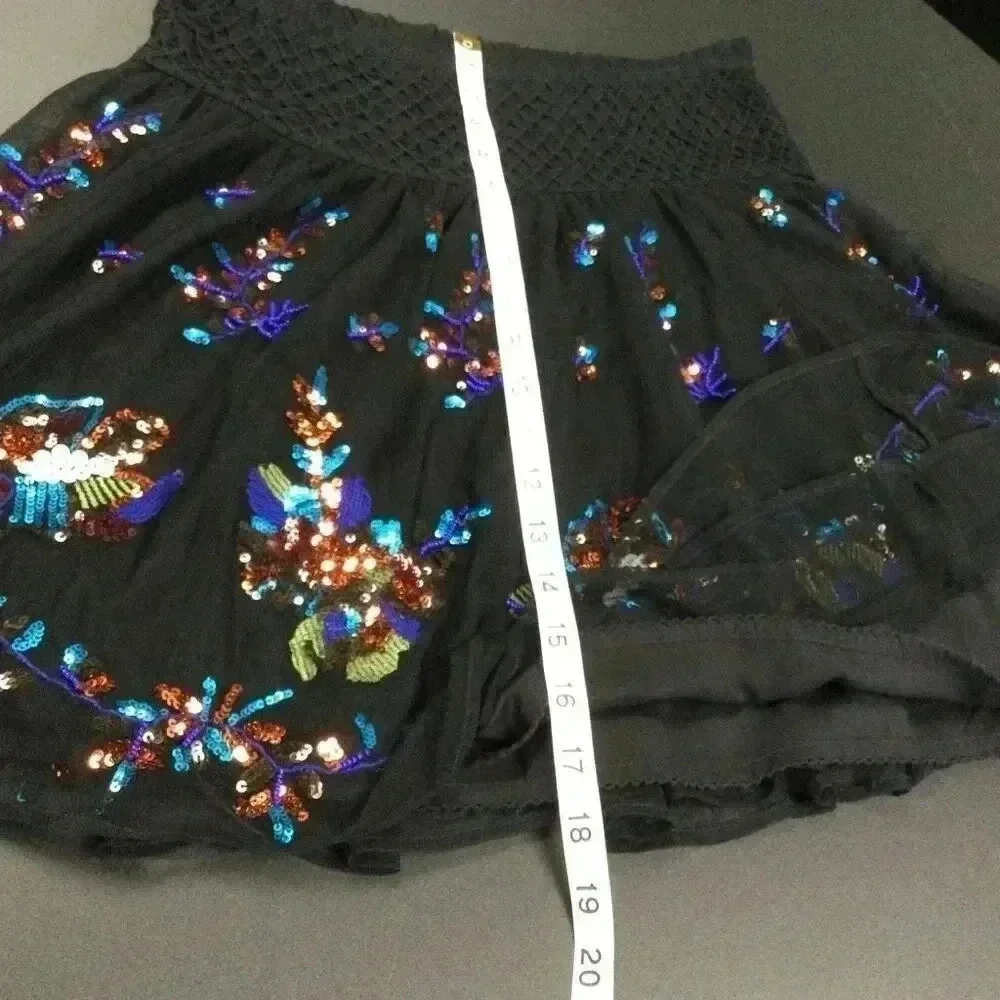 Anthropologie Womens Size XS Sequin Mini Skirt‎ Black Tulle Embroidered Flowy